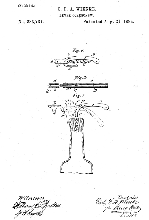 The U.S. Patent Filing For Carl FA Wienke's Lever Corkscrew - 1883 