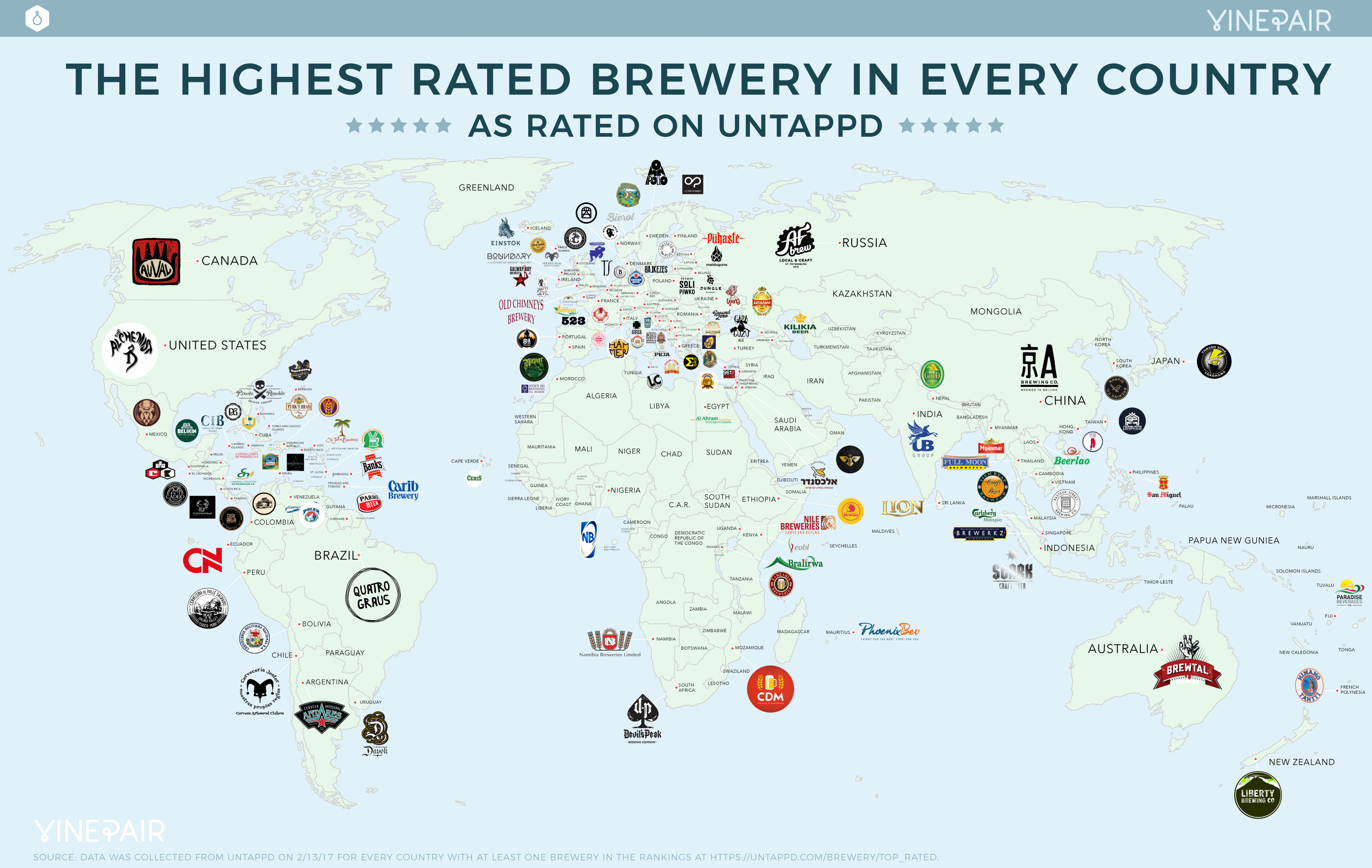 MAP: The Highest Rated Brewery In Every Country According To Untappd (2017)