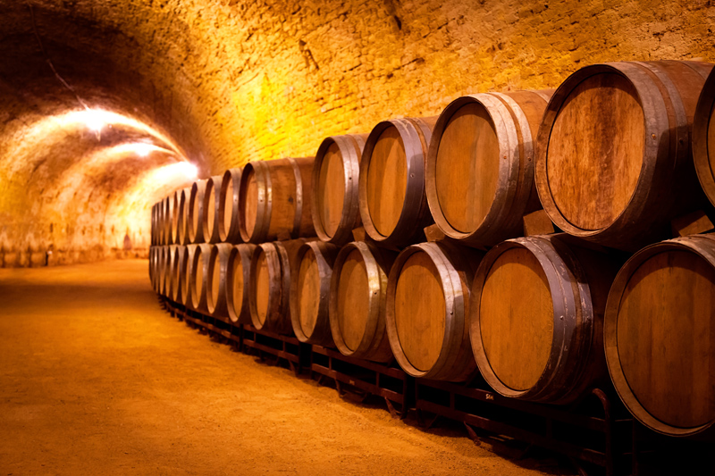 Wine Aging In Oak Barrels In a Cellar