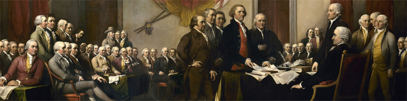 John Trumbull's painting, Declaration of Independence, depicting the five-man drafting committee of the Declaration of Independence presenting their work to the Congress. 