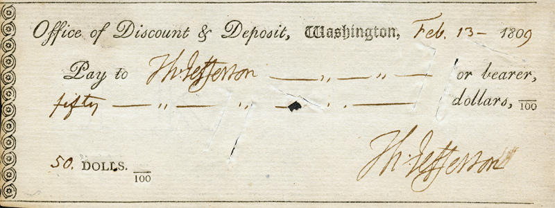 A Check Signed By Jefferson courtesy National Numismatic Collection at the Smithsonian Institution.