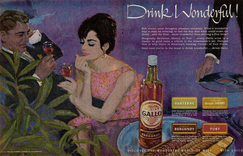 1962 Illustrated Ad, Gallo Wines, Romantic Evening with Elegant Woman & Man