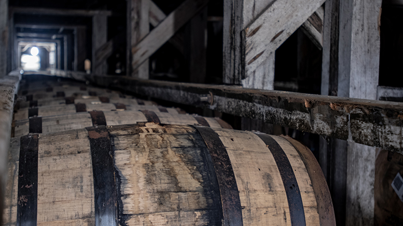 Bourbon barrels aging in a Rickhouse