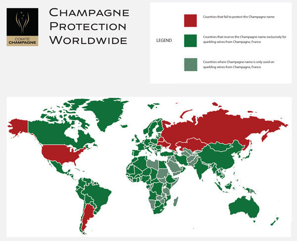 A map illustrating where the Champagne name is fully protected, according to the Champagne Bureau 