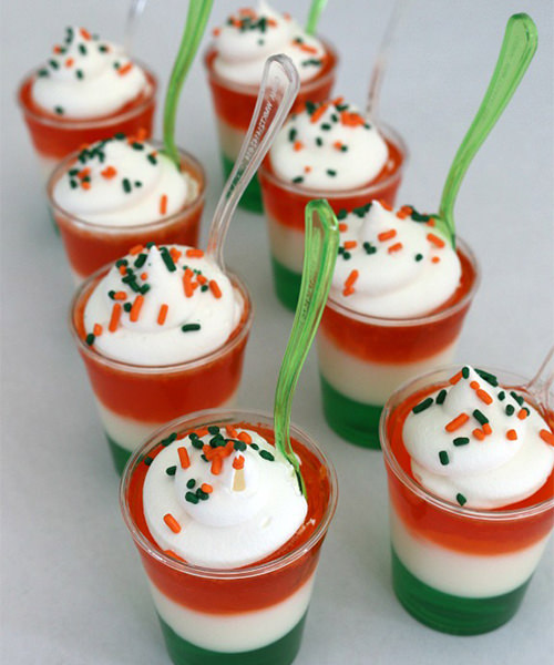 Irish Jello shots in the color of the Irish flag for St. Patrick's Day party