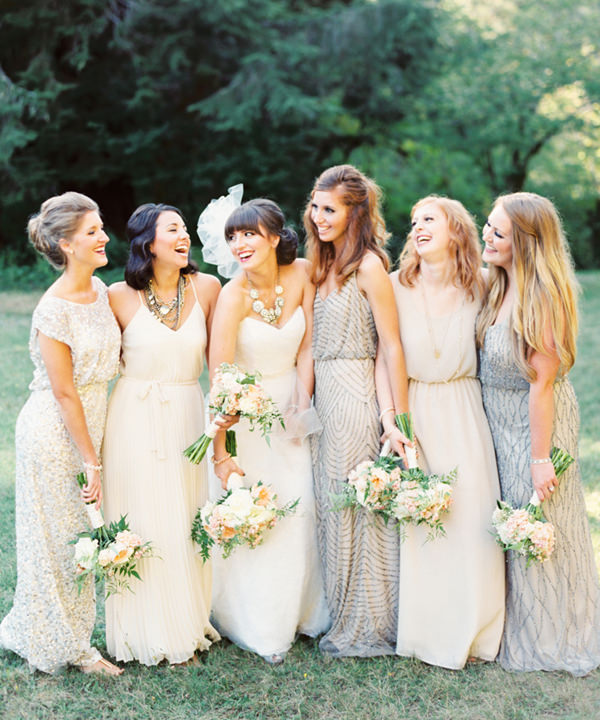 These are some Champagne-colored dresses for a wine-themed wedding