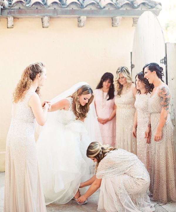 Champagne colored dresses are perfect for a wine-themed wedding