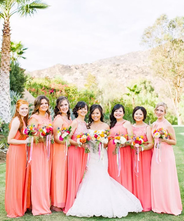 Rose colored dresses are perfect for a wine themed wedding