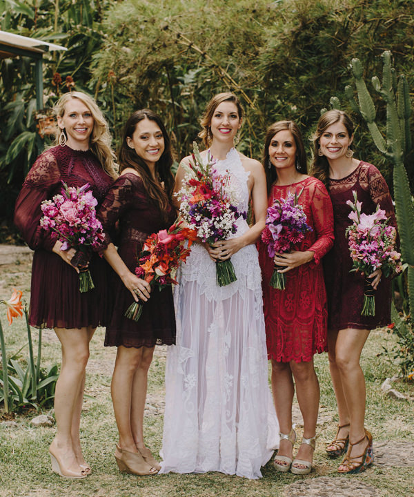 red dresses are a lovely option for a wine themed wedding