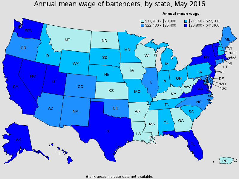 annual mean wage of bartenders in united states