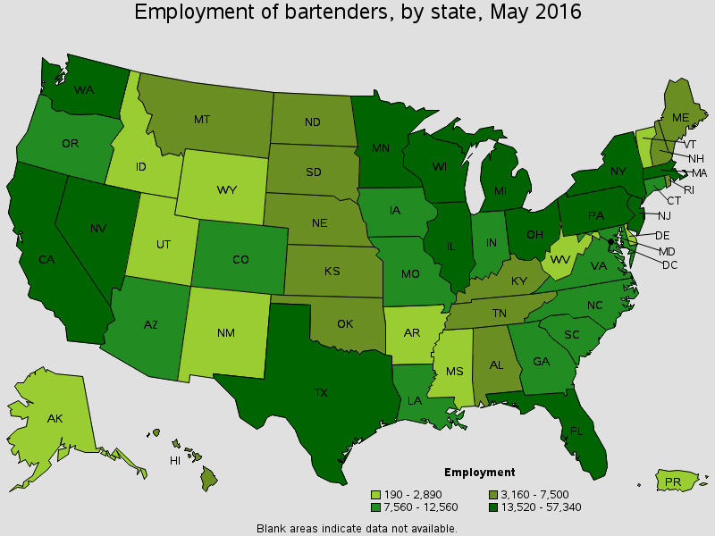 employment of bartenders by state