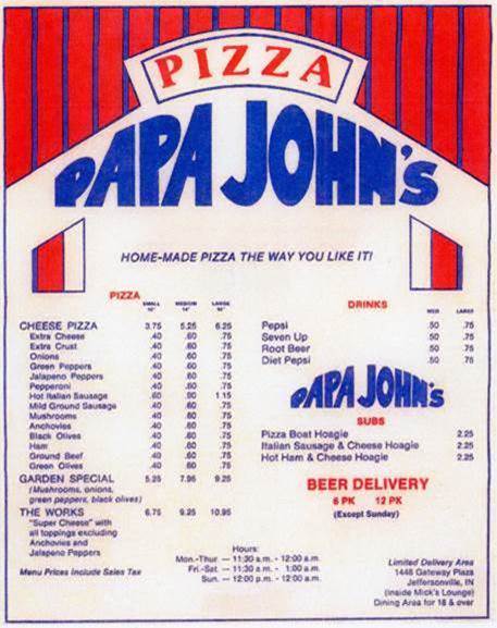 Papa John's Menu 1984