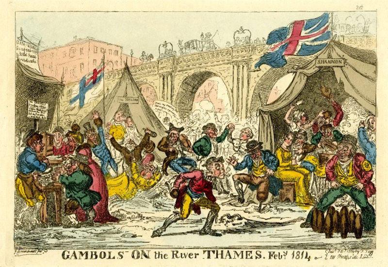A "gin and gingerbread"-era etching depicts Londoners on the frozen River Thames.