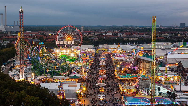 The grounds at Oktoberfest in Munich at night