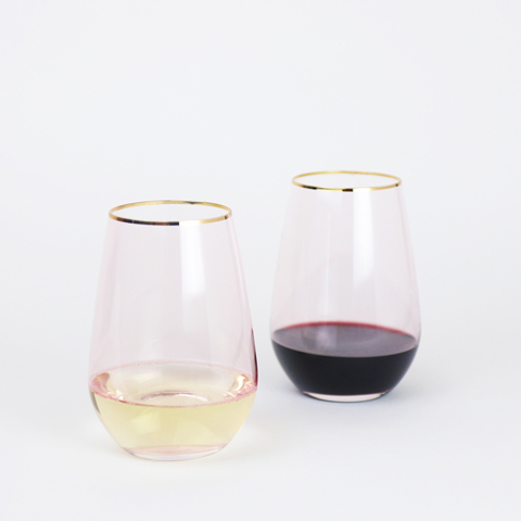 Stemless Rose Crystal Wine Glasses With Gold Rim