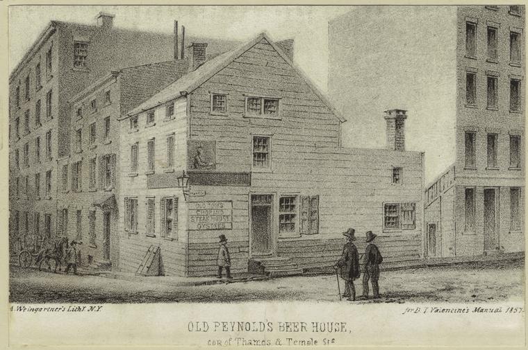 Old Reynold's beer house, Thames & Temple Streets, 1857