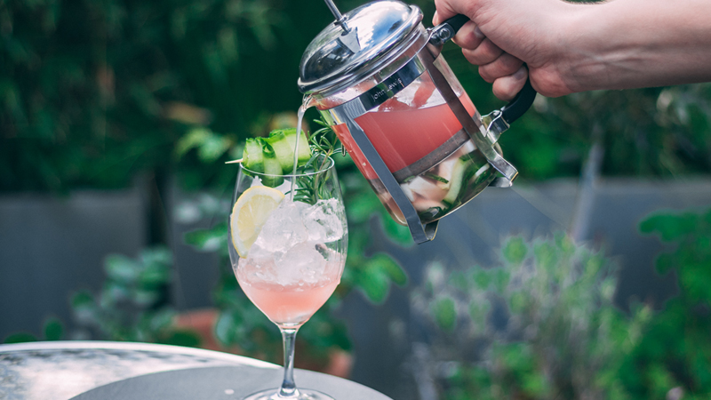 The Garden Spritz is a French press cocktail recipe created by Tyler Zielinski for VinePair