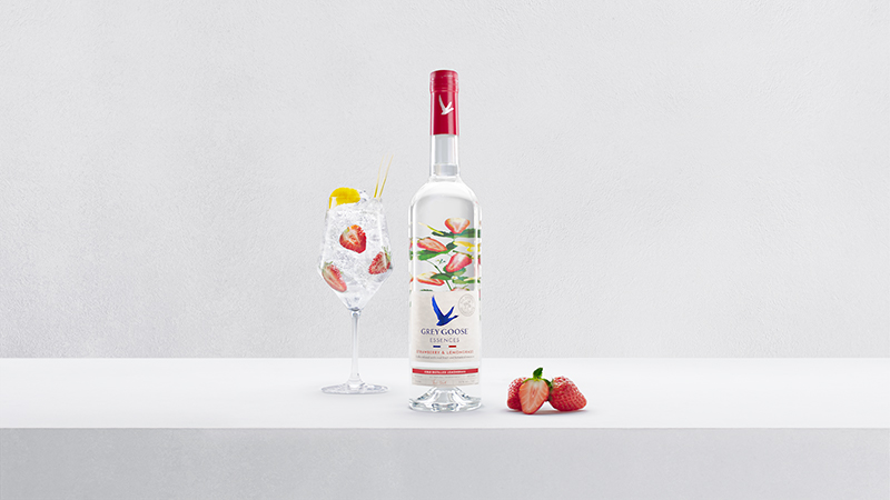 To make the perfect spritz use 1.5 parts GREY GOOSE® Essences to 4.5 parts soda water, then garnish with fruit and herbs.