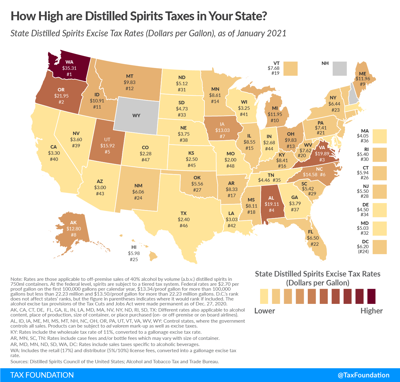 This map documents each state's spirit excise tax for 2021.