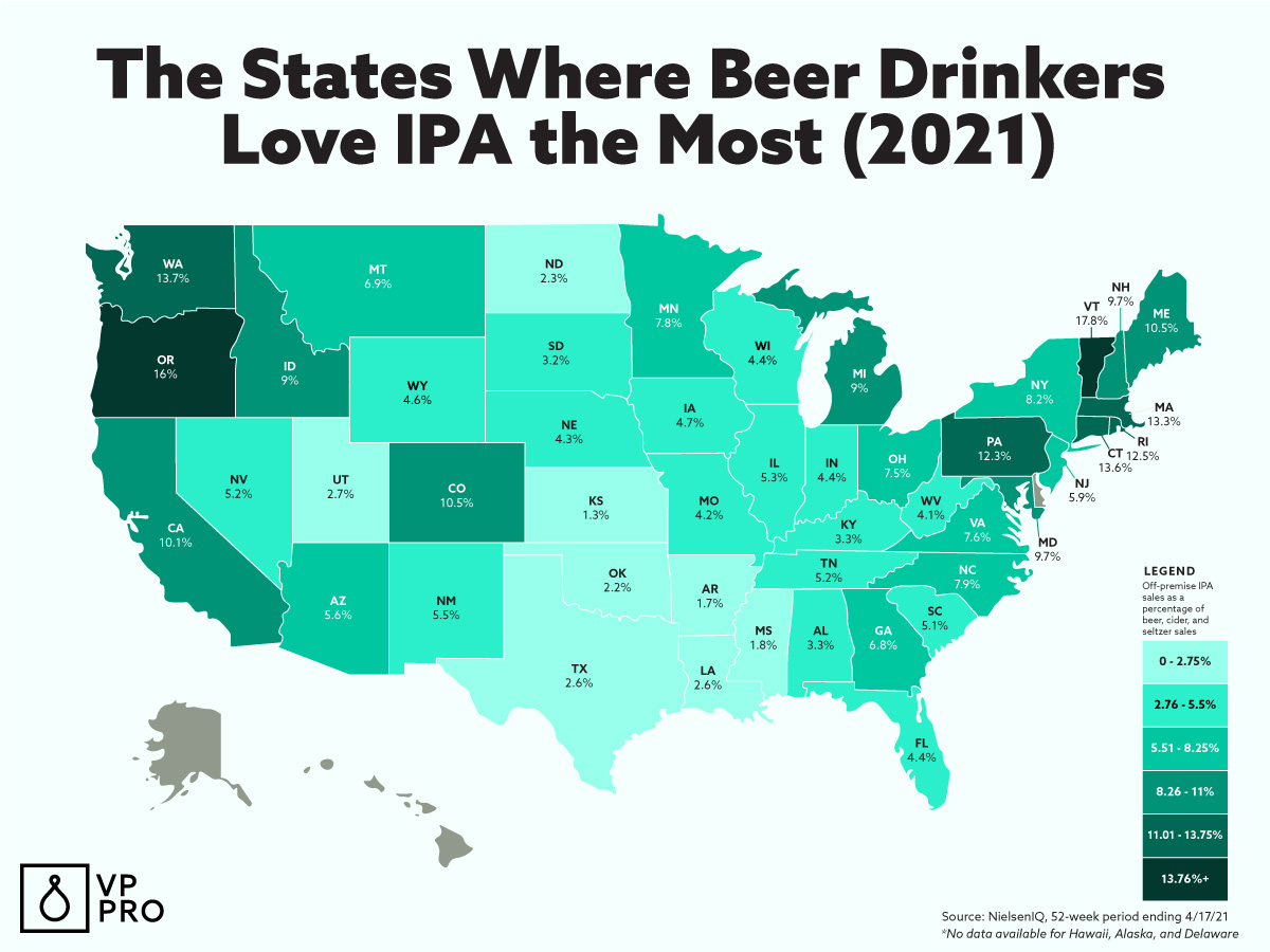 This map shows the states where beer drinker love IPA the most.