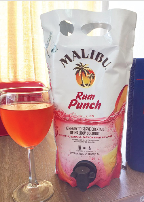 Malibu rum offers pre-packaged cocktails in 1.75-liter flexible pouches with leak-proof dispenser nozzles.