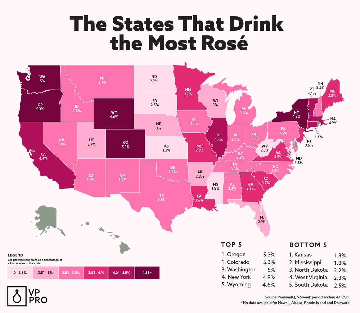 This map highlights the states that drink the most rosé. 