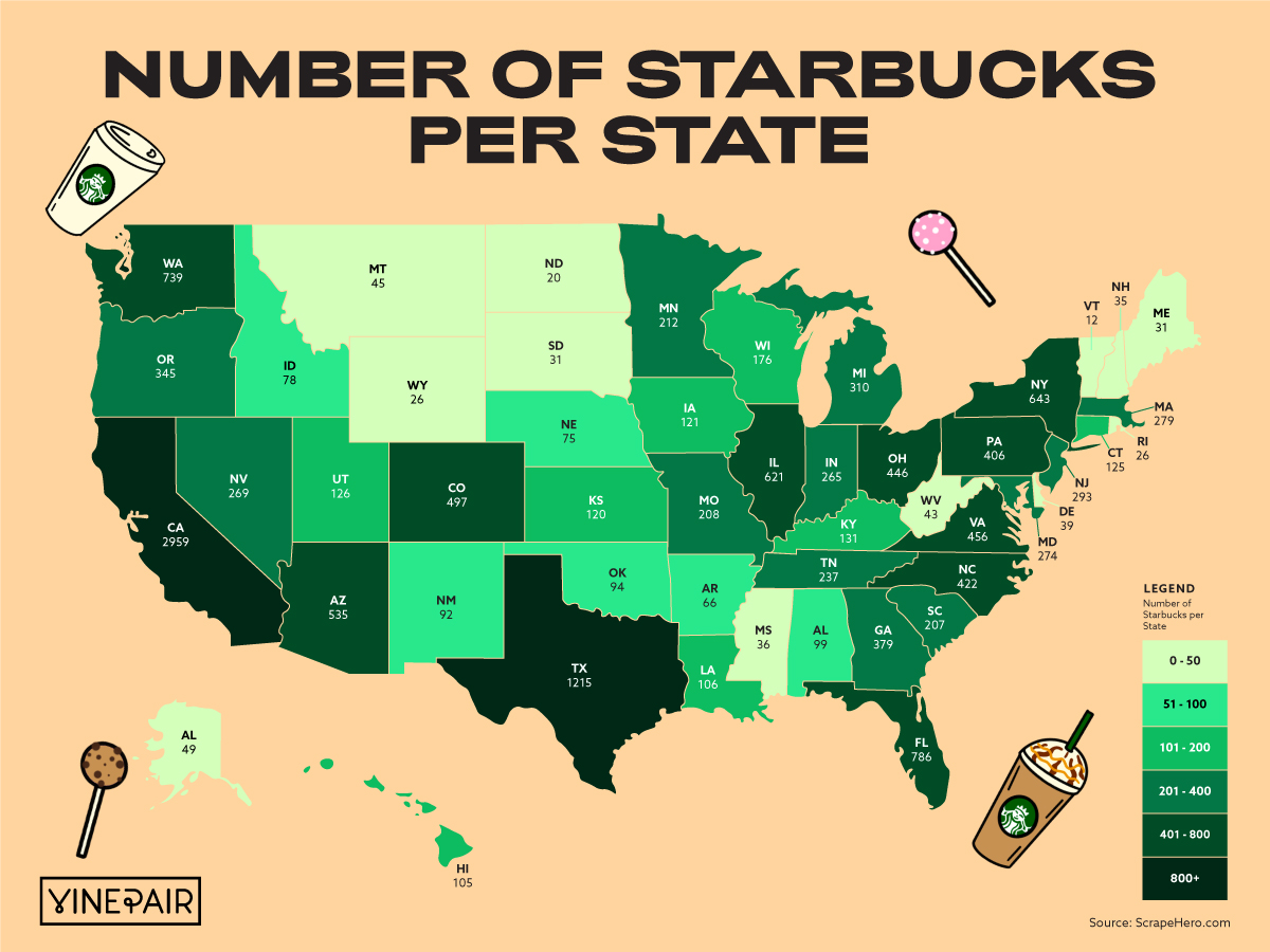 Show Me Directions To The Nearest Starbucks The Number Of Starbucks In Every State [Map] | Vinepair