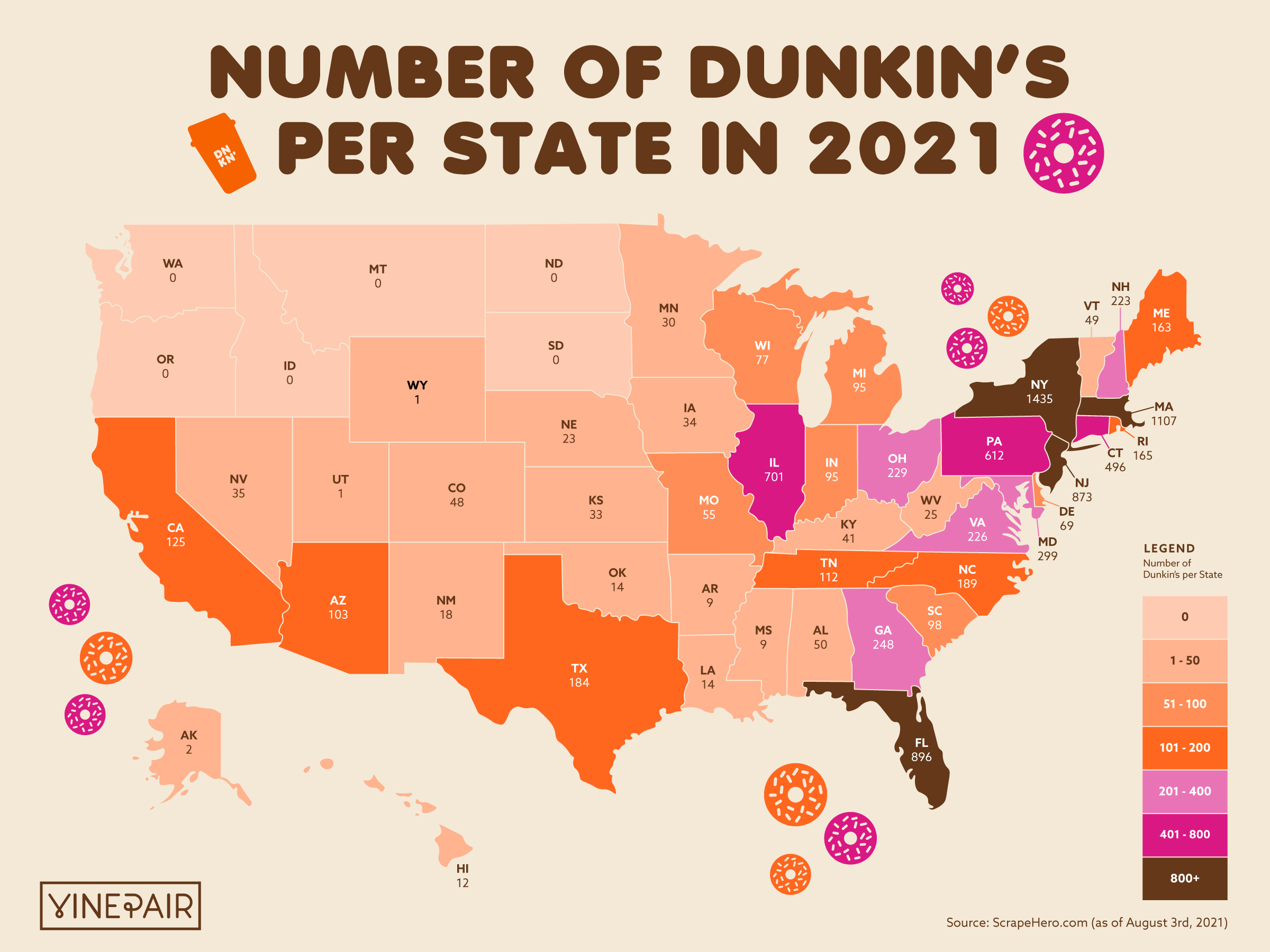 This map shows the number of Dunkin’ locations in every U.S. state