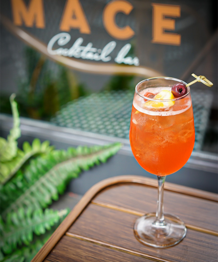 The Fennel Pollen is a take on an Aperol Spritz, and is made with fennel-and-bee-pollen-infused Aperol, beeswax-infused Pisco, Prosecco, Champagne acid and acacia honey.