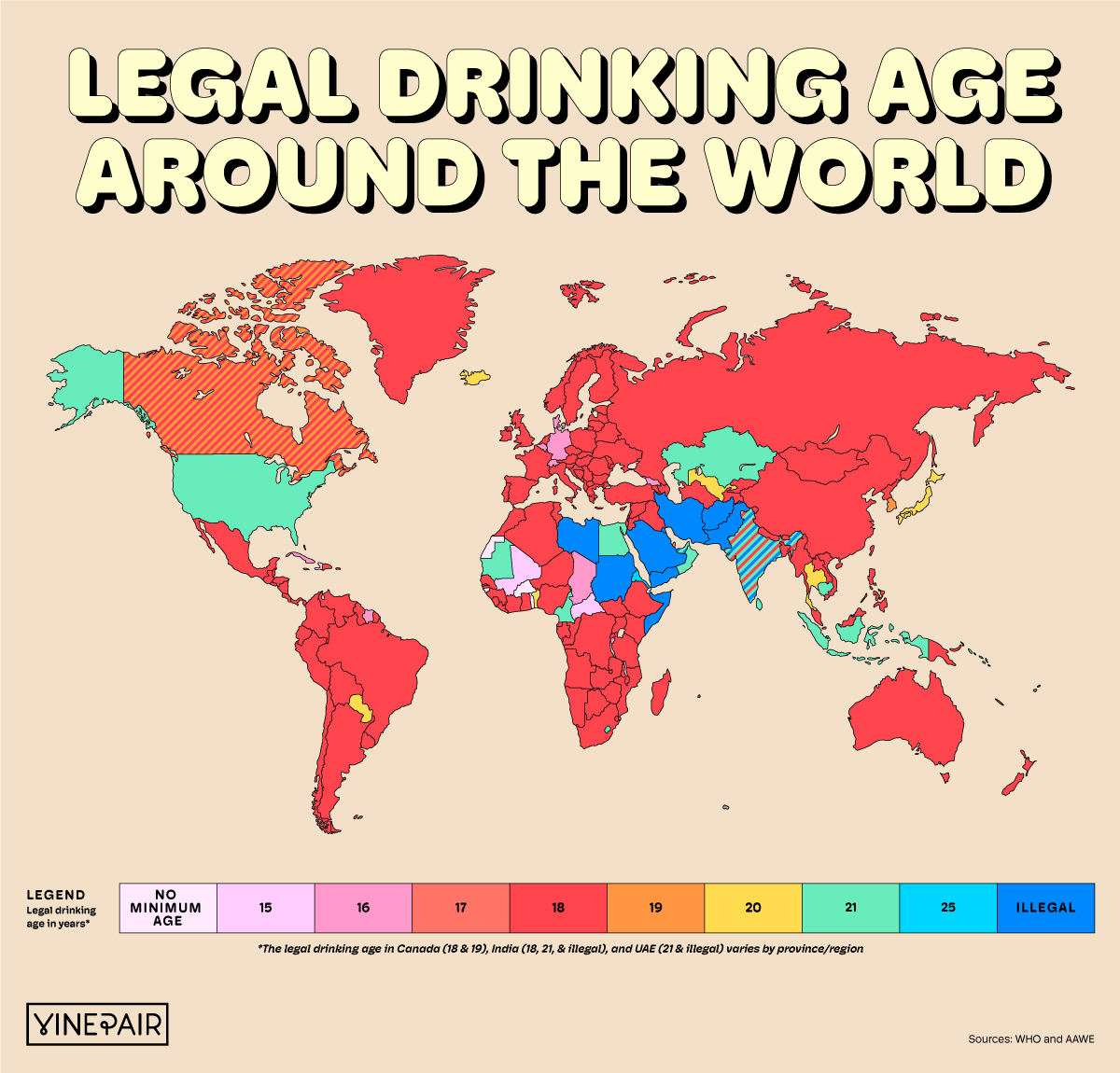 A map of The Legal Drinking Age in Each Country