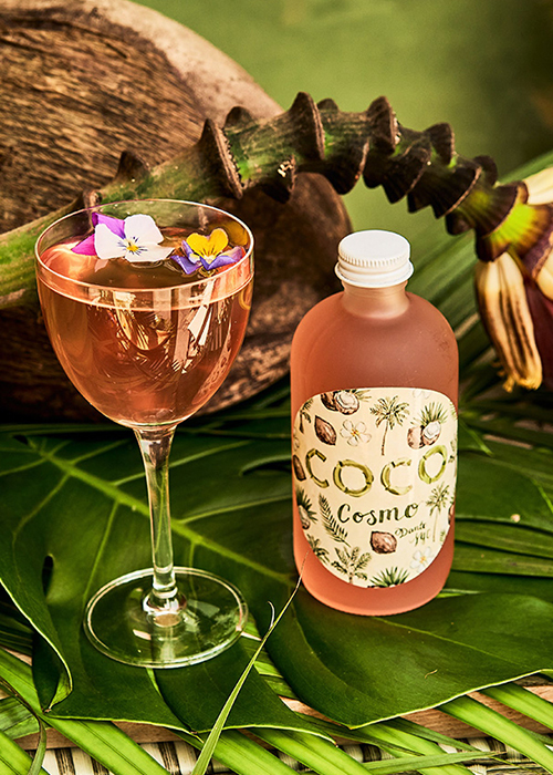 Coconut oil-infused vodka combined with tart flavors of cranberry and rosé make for an eye-catching pink drink fit for a lovers’ night in.