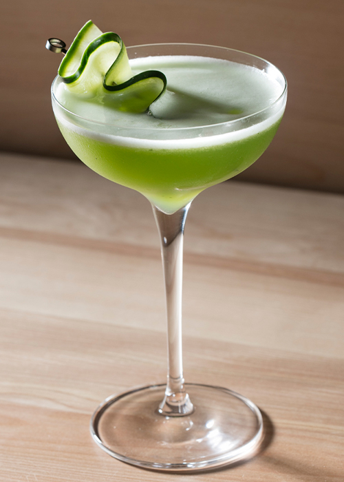 Equal parts Mizu Green Tea Shochu and Roku Gin make up the spirit base for this shaken cocktail