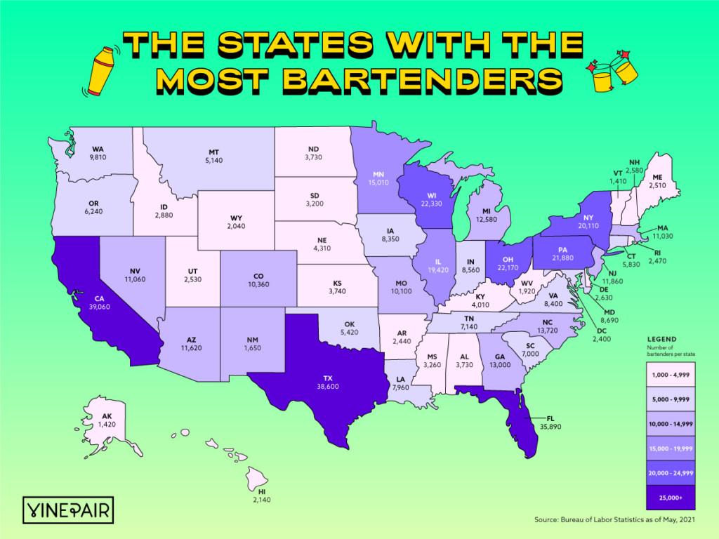 These are the states with the most bartenders