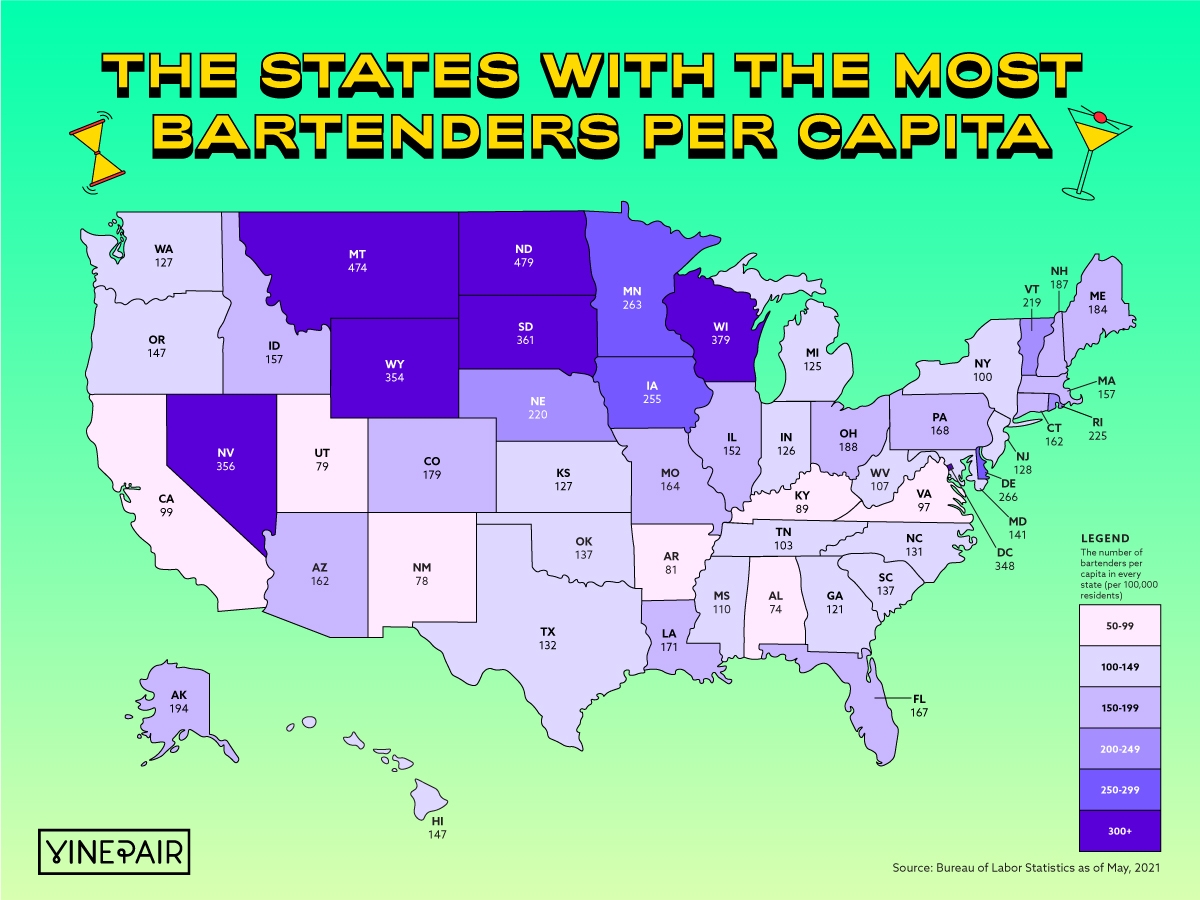 These are the states with the most bartenders per capita.