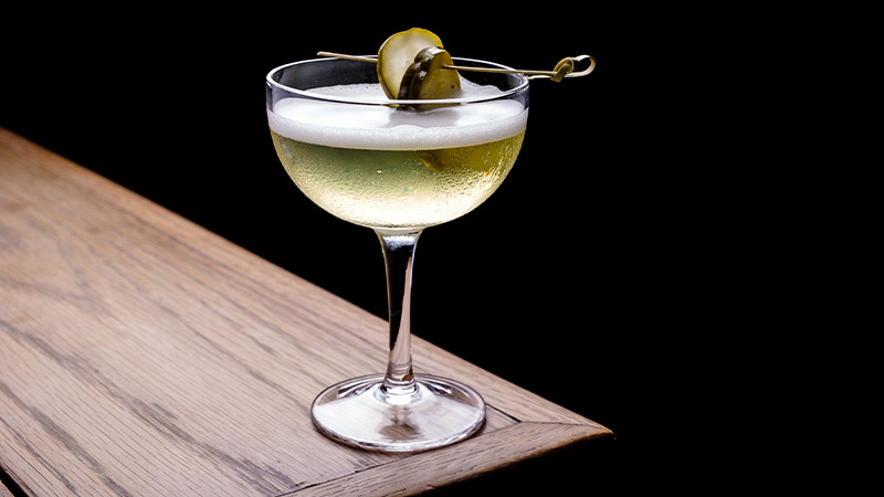 The Pickle Spritz from Chez Zou is one of the best pickle cocktails to get in NYC right now