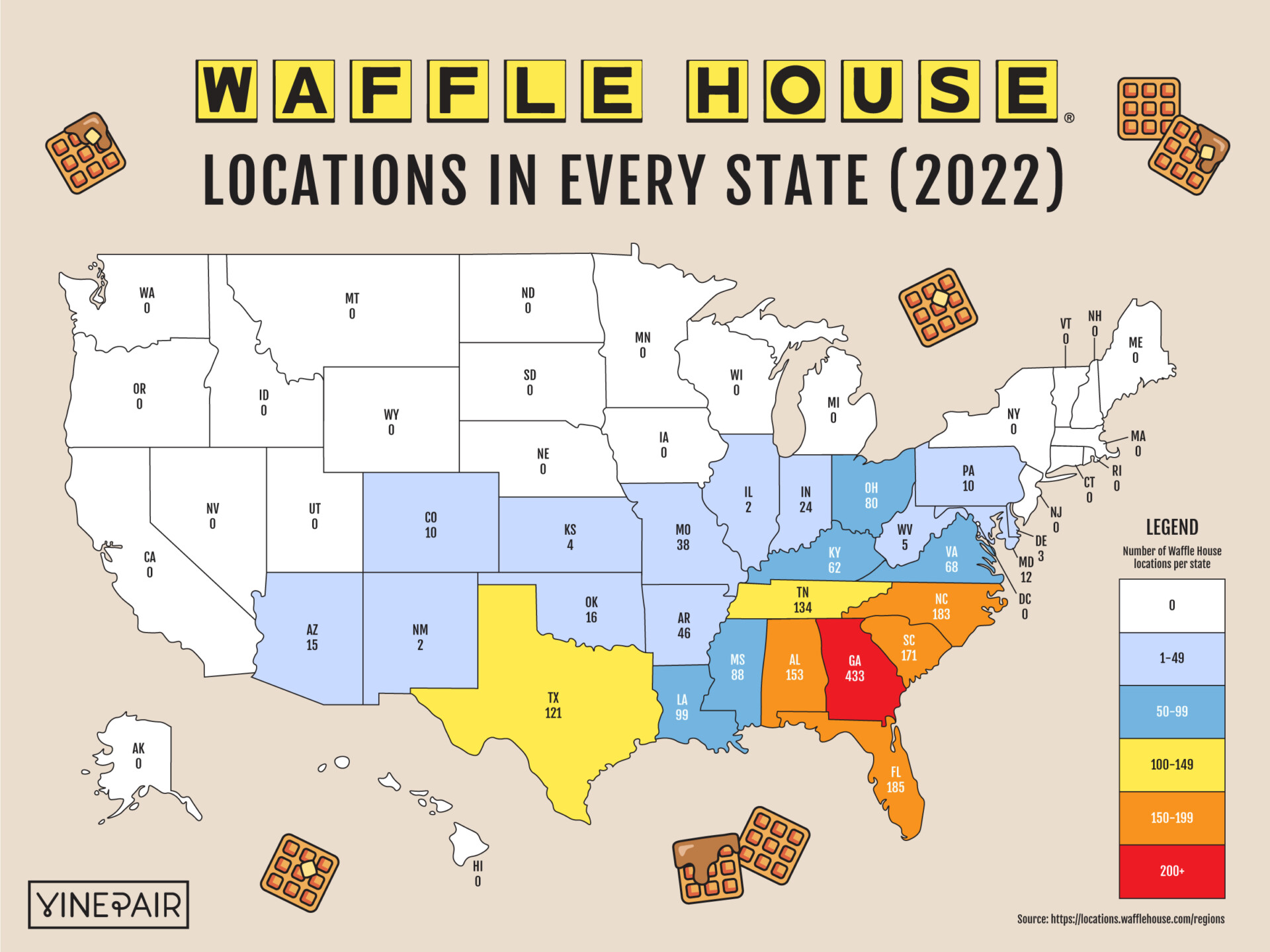 The Number of Waffle Houses in Every State [MAP] VinePair