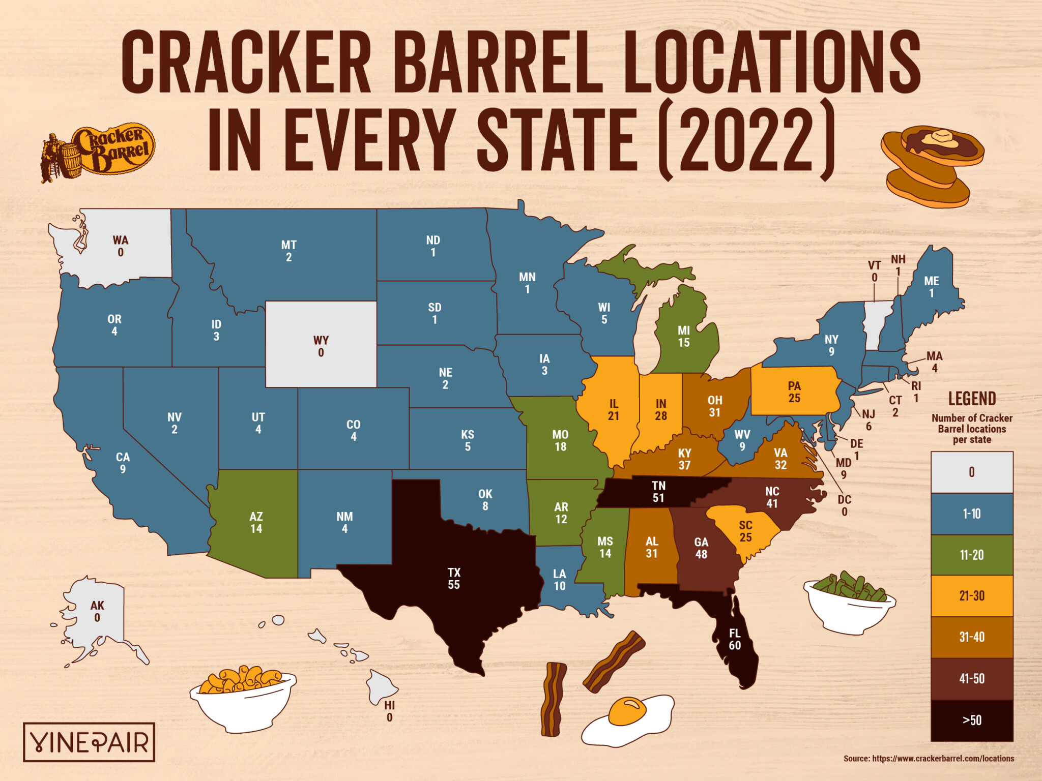 The Number Of Cracker Barrels In Every State MAP VinePair   Cracker Barrel Map Infographic Updated 2048x1536 