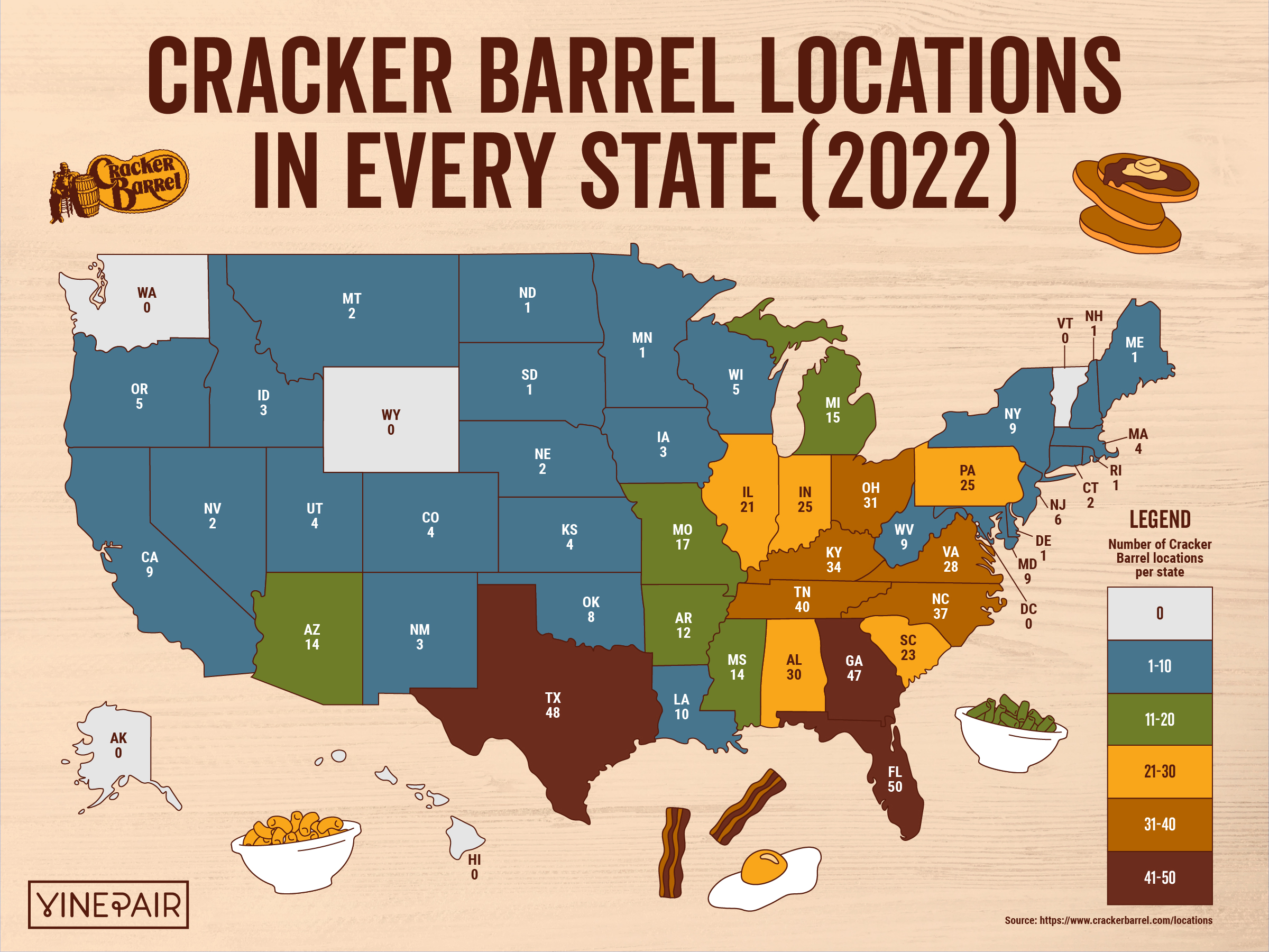 The Number of Cracker Barrels in Every State [MAP] 