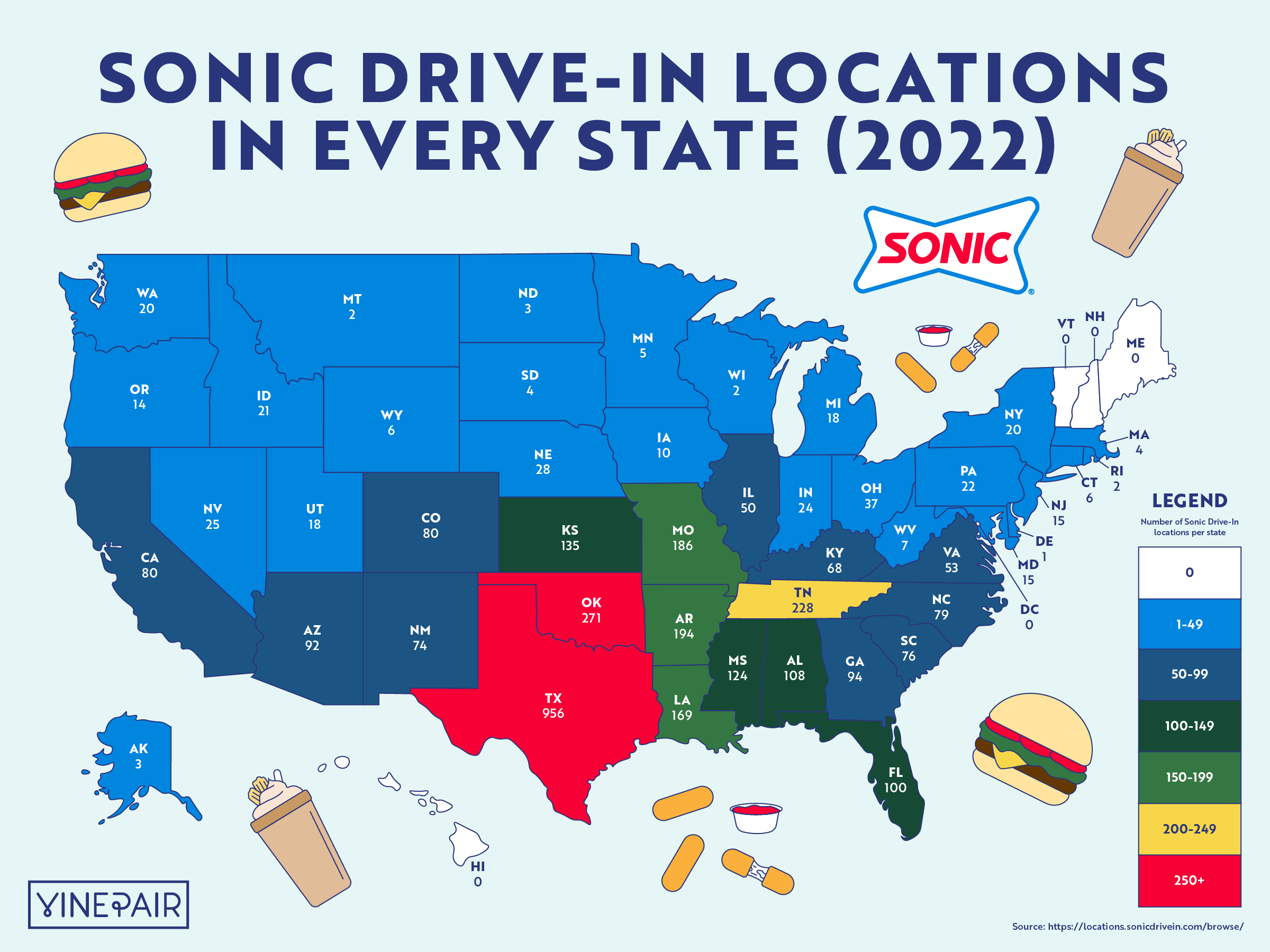 The Number of Sonic Drive-Ins In Every State [MAP]