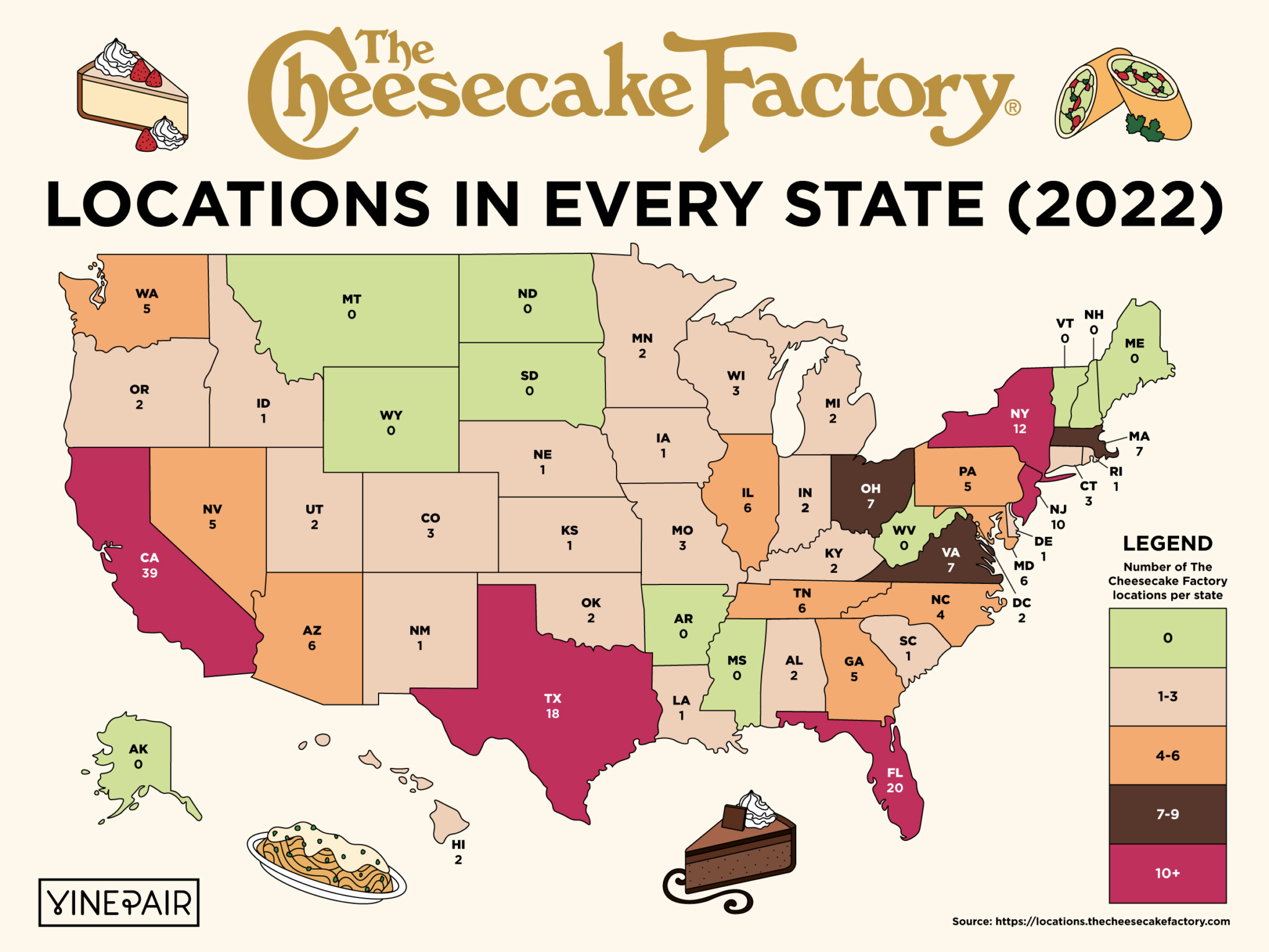 The Number of Cheesecake Factories in Every State [MAP] VinePair