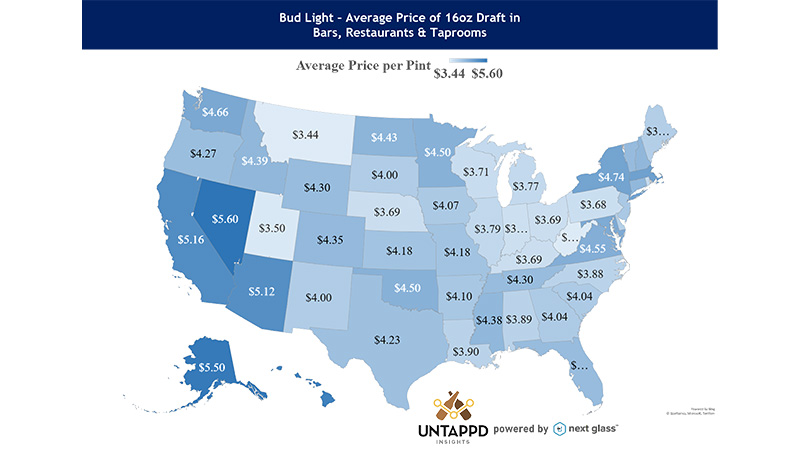Untappd Insights recently published a map of Bud Light prices by state.