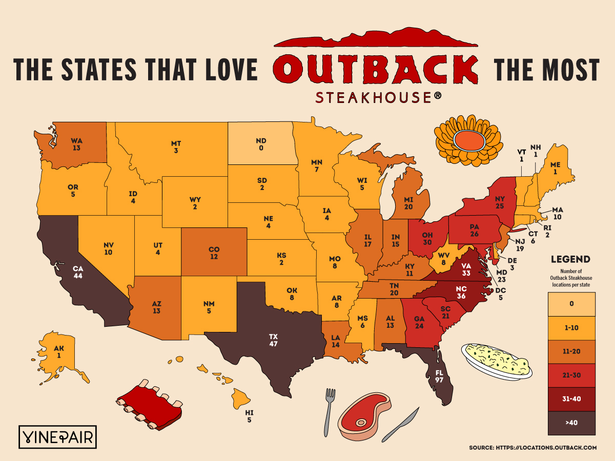 The Number of Outback Steakhouses in Every State [MAP] 