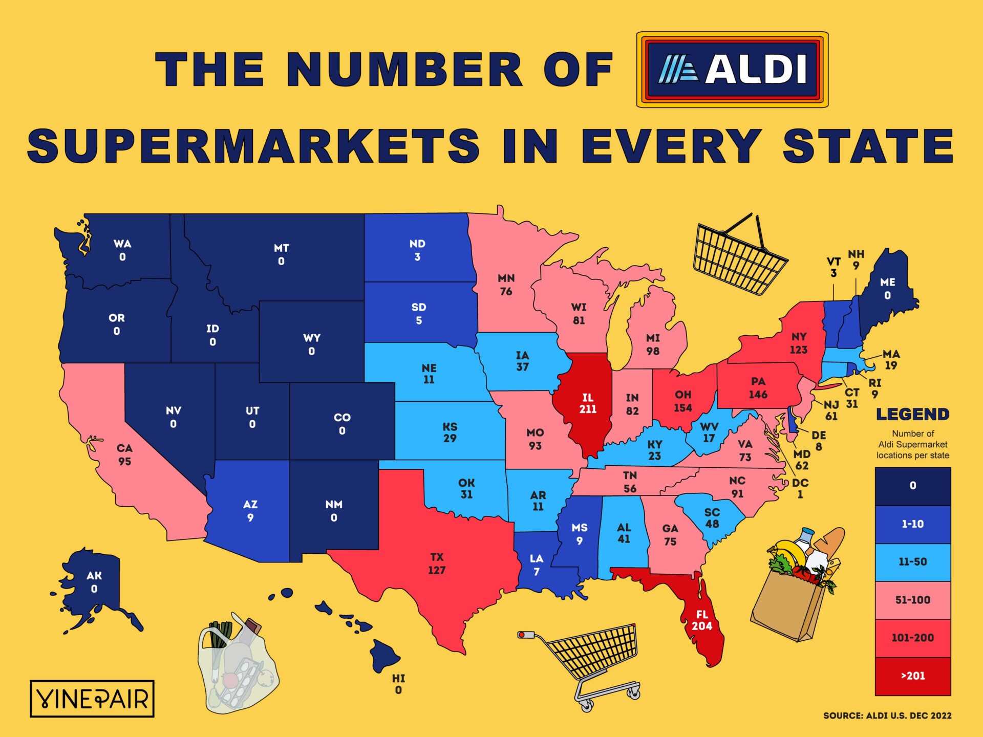 The Number of Aldi Supermarkets in Each State [MAP] VinePair