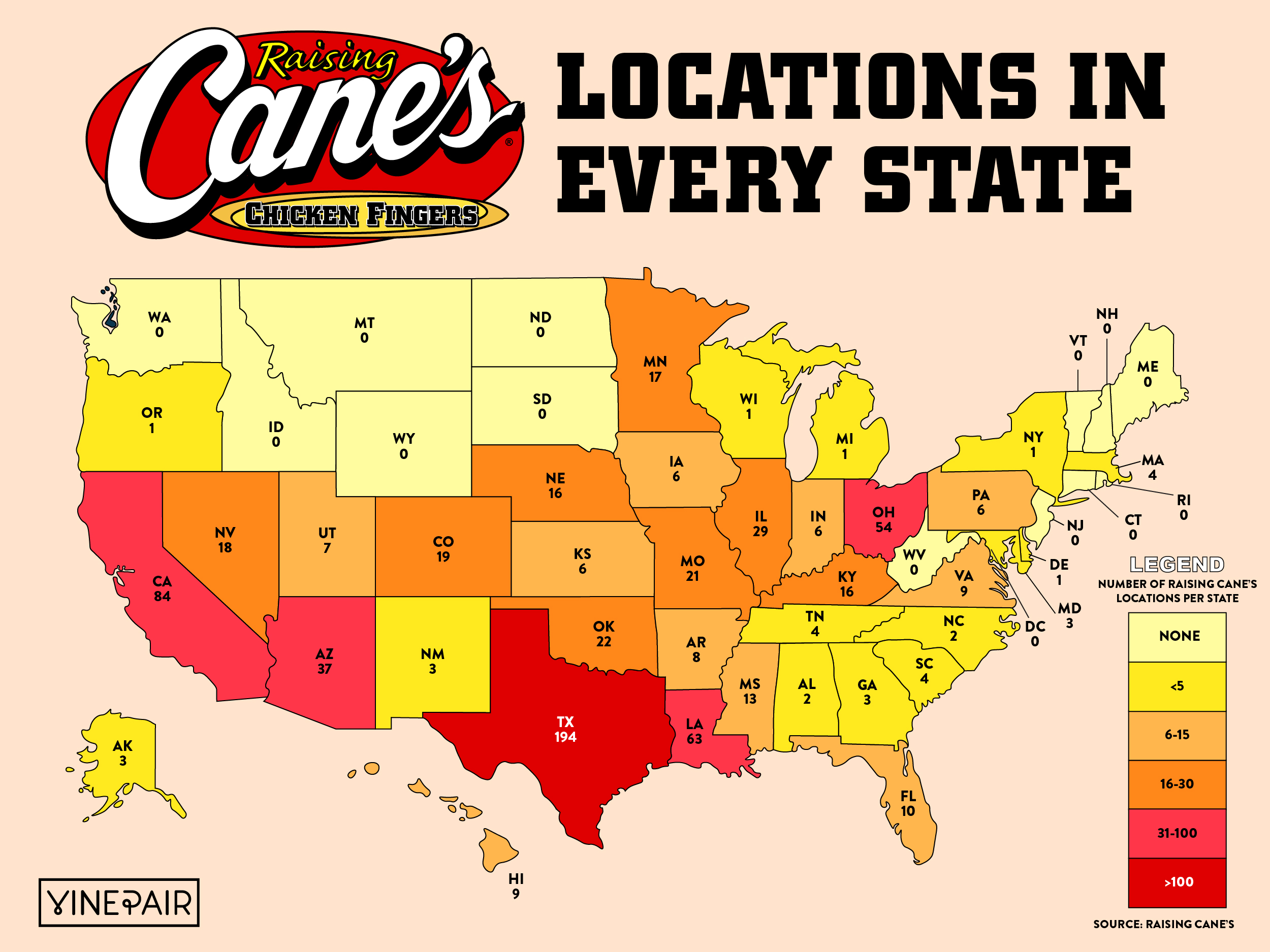 A Map of The Number of Raising Cane’s in Every State