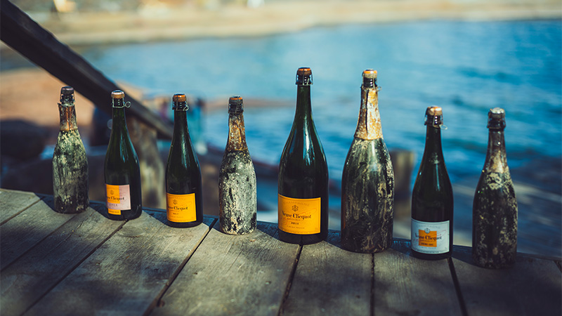 Bottles of land and sea aged Veuve Clicquot during a comparative tasting held in the Aland Islands in June 2023. 