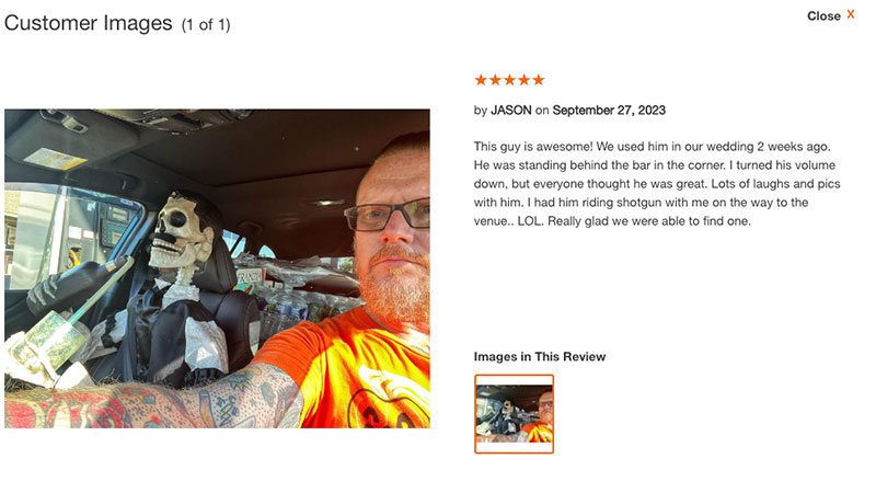 One man drove to a wedding with Dean the Deathologist from Home Depot riding shotgun in his car.