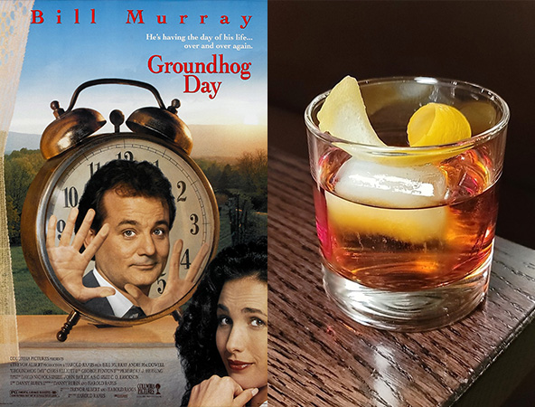 Groundhog Day and a Sweet Vermouth on the Rocks with a Twist are the perfect rom-com and cocktail pairing. 