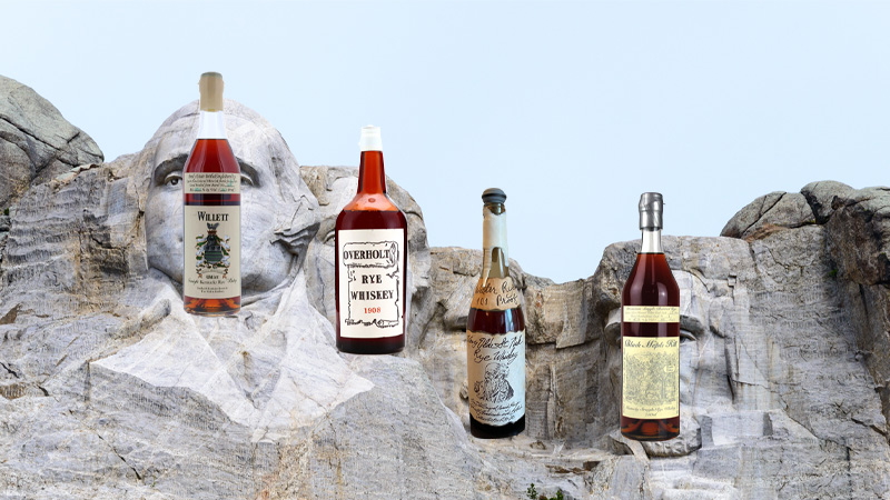 Willett Family Estate 22 Year Old Rye, Barrel #618 “Doug’s Green Ink," Old Overholt Rye Whiskey, 100 proof, 1908 Bottling, Very Olde St. Nick Winter Rye, 1990 era, and Black Maple Hill 23 Year Old Rye are on Mason Walker's Mount Rushmore of Rye. 