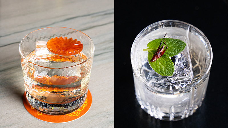 The Negroni Colada and Cricket Cricket are two cocktails with crazy garnishes placed directly onto the ice cube.