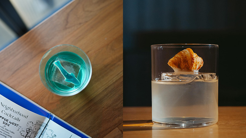 The candy shark and miniature croissant garnishes are just a small introduction to the world of ice garnishes happening in cocktails right now.